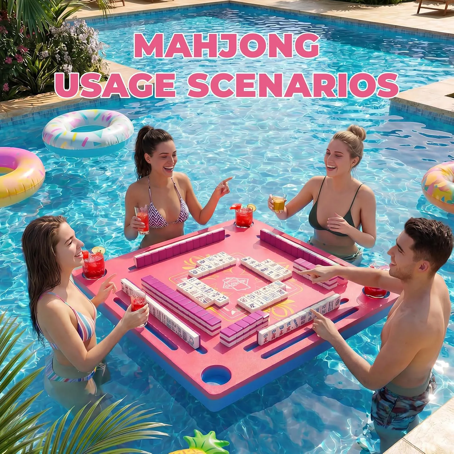 31.5" Double-Sided EVA Floating Mahjong Table with Cup Holders, Salt Resistant