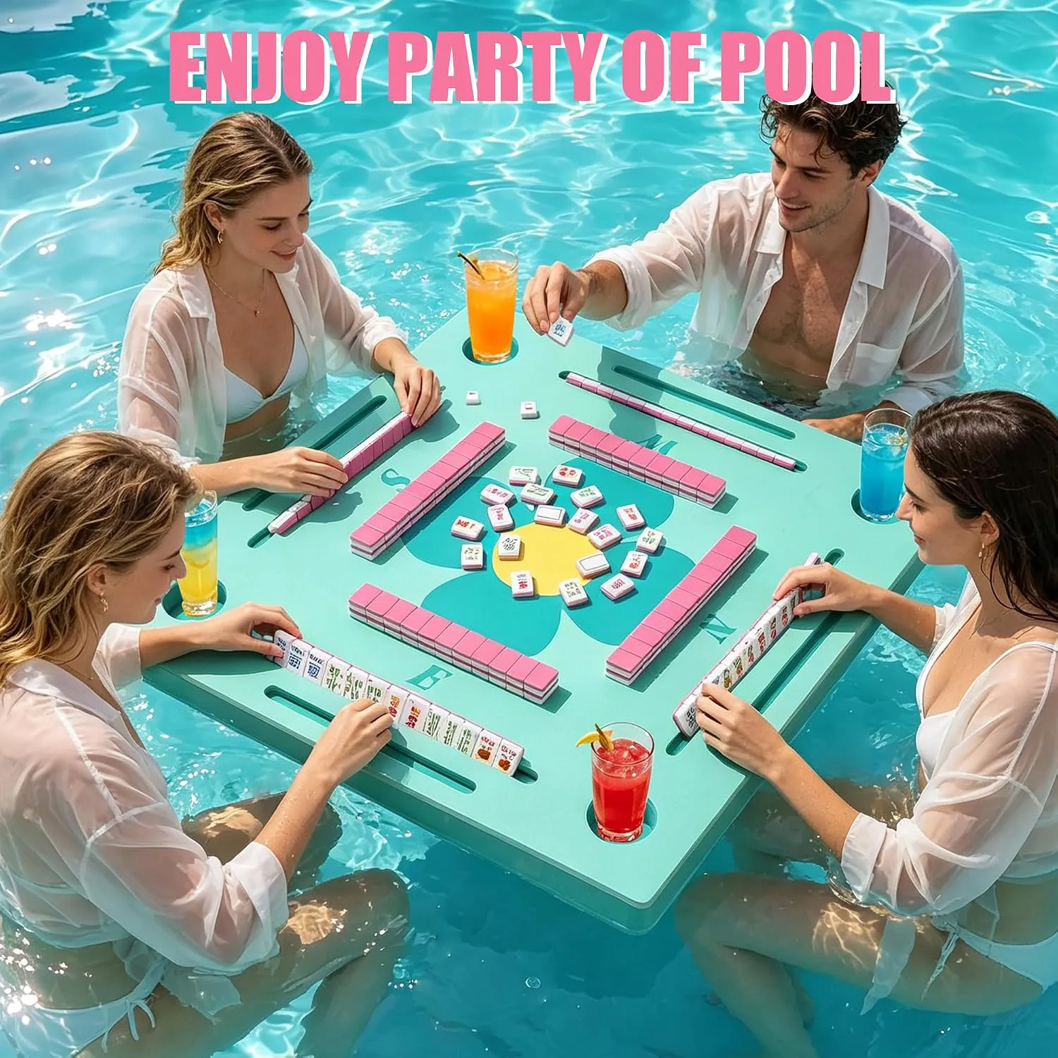 Double-Sided EVA Floating Mahjong Table for Pool with Cup Holders